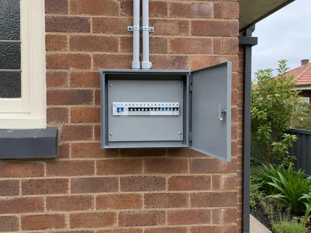 Open exterior electrical switchboard on a brick wall beside a window in Roseville